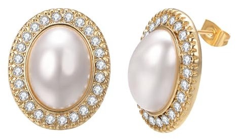 Aleasha Weiße Perle Ohrringe Damen Groß Ovale Mabeperlen Ohrstecker vergoldet Zirkon Hochzeits Schmuck