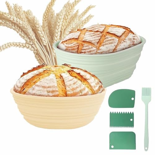 Sourdough Bread Baking Supplies, Bread Making Supplies Tools, Sourdough Starter Kit 9 inch Round & 10 Oval, Silicone Banneton Bread Proofing Basket with Scrapers and Oil Brush for Sourdough