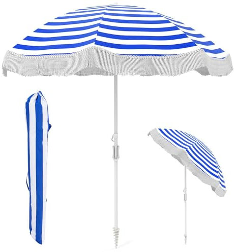 SPOTRAVEL 6.5FT/200CM Beach Parasol, Outdoor Tassel Sunshade with Push Button Tilt, 8 Ribs, Sand Anchor & Carrying Bag, UPF50+ Sun Protection Hawaiian Umbrella for Garden Patio Market (Navy Blue)
