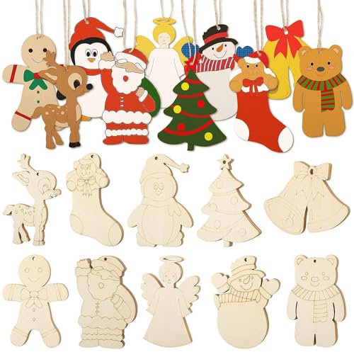 30 Pezzi Decorazioni Ciondoli Albero di Natale in Legno, Palline Natale Pendenti di Legno di Natale, Fette di Legno non Finite con Spago, Addobbi Ornamenti per Alberi di Natale