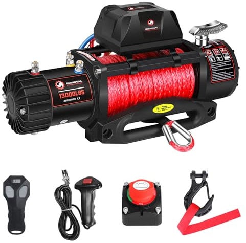 RHINOVAL 13000lb Electric Winch, Synthetic Rope, Bonus Disconnect Safety Switch, Compact Control Box, 12V, Waterproof, Corded & Wireless Remotes, for Offroad Recovery SUV, Truck, Jeep, Boat Trailer.