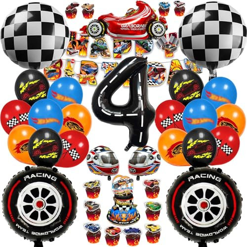 Chingcoo 54 Stück Hot Whels Geburtstags Deko 4 Jahre Junge, Hot Whels Geburtstag Party Set Junge, Auto Geburtstagsdeko Rennwagen Geburtstagsdeko Wheels Luftballons für 4 Jahre Junge Geburtstag Party