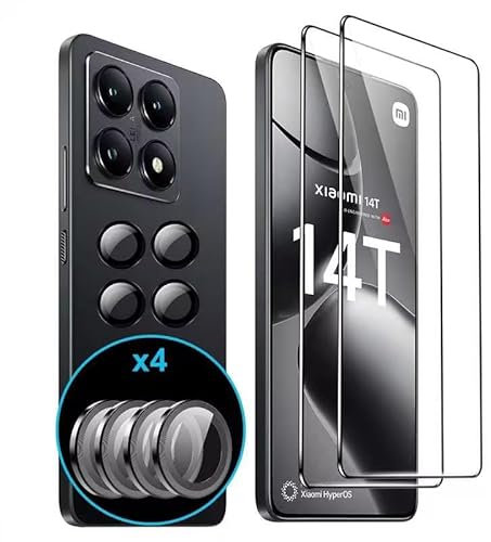 FDHYFGDY 2 Piezas para Xiaomi 14T Cristal Templado, 4 Piezas Película de Vidrio para Cámara, Dureza 9H, Protector de Pantalla Secundario Antiarañazos y Antiburbujas