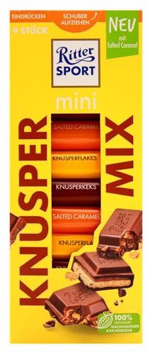 Ritter Sport mini Turm Knusper Mix Schokolade, verschiedene Schokoladenvariationen mit knusprigen Zutaten, ideal zum Teilen und Genießen, geeignet für Muttertag und Vatertag, 8 Boxen mit je 150g