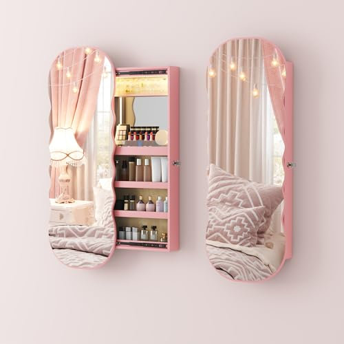 Lvifur LED Schmuckschrank Hängend,Schmuckschrank mit Spiegel Wandmontage,Spiegelschrank mit 3-farbiges LED-Licht,Schmuckregal mit Ganzkörperspiegel,Schrank Tür- und Wandmontage