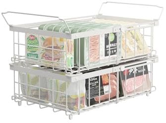 UMDONX 2 Pack Chest Freezer Basket Organiser Storage Boxes - Kitchen Expandable Stackable Metal Shelf Rack with Handles, White 29-45.5cm Width