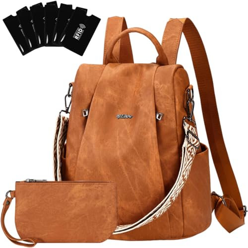 Eshow Rucksack Damen Klein, Anti-Diebstahl Elegant Cityrucksack, Wasserdichter Tagesrucksack Veganes Leder, Rucksacktasche mit Clutchbag RFID Blocker Modern für Pendeln Schule Arbeit Reise Braun