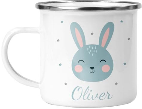 Personalised Enamel Easter Mug – Blue Bunny Name Cup – Custom Easter Gift for Kids & Adults – Cute Rabbit Design – 12oz Metal Camping Mug