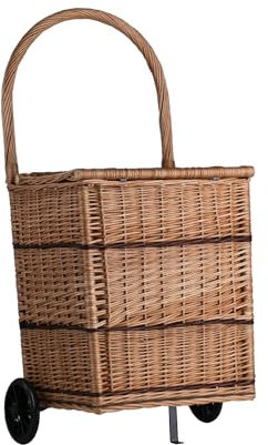 Vintage Einkaufstrolley aus Weidengeflecht mit Griff und Rädern, Marktwagen und Korb für Holzeinkauf
