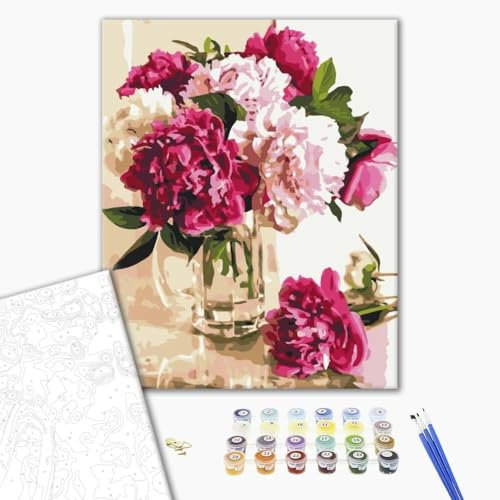 Peinture par Numéros Brushme – 40x50 cm avec Cadre, Créez une Œuvre Florale Élégante de Pivoines pour Adultes