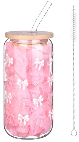 Haiabei Rosa Schleife Glasbecher mit Deckel und Strohhalm, 16 oz Coquette Bow Design Glass Tumbler, Iced Coffee Glas, Ästhetisch Trinkgläser in Dosenform Kaffeetass für Frauen Mädchen Freunde