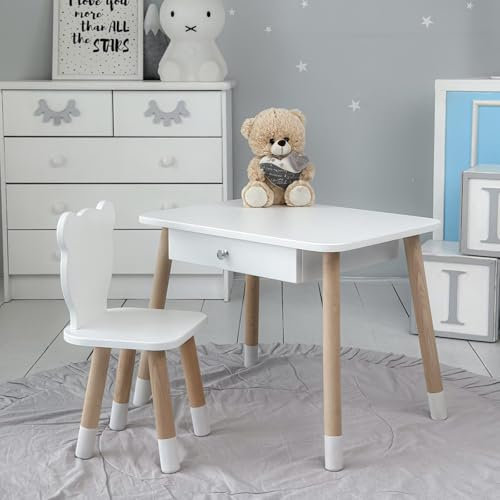 KOBI Set Tisch mit Schublade + Stuhl für Kinder | Moderne Möbel für Kinderzimmer | Ideal für Kinder (weiß/bär)