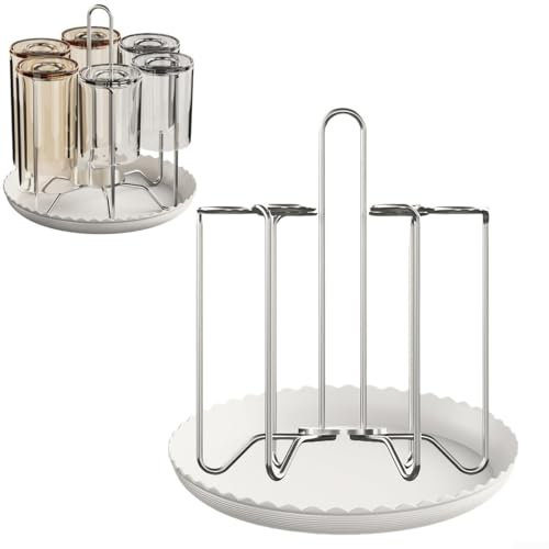 Yhenlovtt Metal Cup Drying Rack with Draining Tray Desktop Coffee Mug Holder 6 Hooks Storage Stand for Kitchen Counter Office Home Bottle Glass Organization