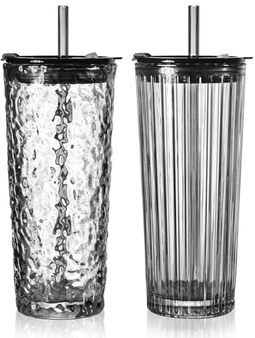 Puraville 2 Pack 550ml 18oz Glass Cups with Lids and Straws, Vintage Ribbed Striped Glacier Thickened Glassware for Whiskey Cocktail Beer, Mason Jar Drinking Glasses Tumbler Iced Coffee Cup, Black