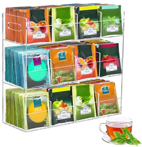 Tefola Teebeutel Organizer aus Acryl, Teebeutel Aufbewahrung, Tee AufbewahrungsboxKeine Montage Erforderlich & Platzsparend, Transparente Tee Organizer Geruchsneutral (12 Fächer)