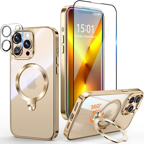 Yoouther 3 in 1 Magnetische Hülle für iPhone 13 Pro 6.1 [360° CD Unsichtbarer Drehständer für MagSafe] [Mit Stück Schutzfolie & Kameraschutz] [Nie Vergilbung] Militärschutz Stoßfest, Gold