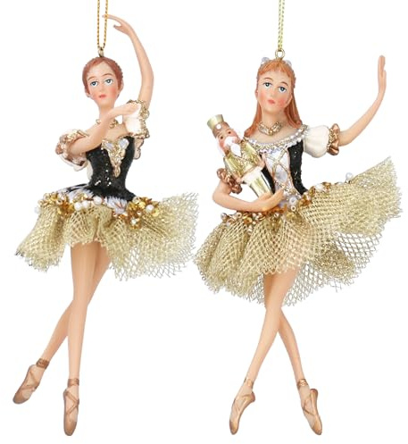 Gisela Graham Resin & Fabric Black and Gold Clara Ballerina & Sugarplum Fairy - Set of 2