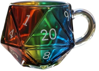 Rainbow D20 Würfelbecher, polyedrische Würfel-Kaffeetasse mit Griff, gerippte Glas-Kaffeetassen mit Löffel, 20-seitiger polyedrischer Würfelglasbecher für Fantasy-Liebhaber (Blau, 9 x 9 x 9 cm)