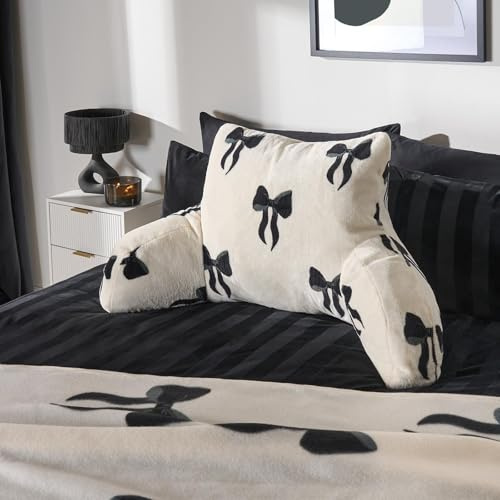 OHS Bow Print Cuddle Cushion, Bow Gifts for Women Reading Pillow Soft Fleece Back Support Cushion with Arms Gaming Bed Cushions Sit Up in Bed Pillow, Monochrome - 65 x 40cm