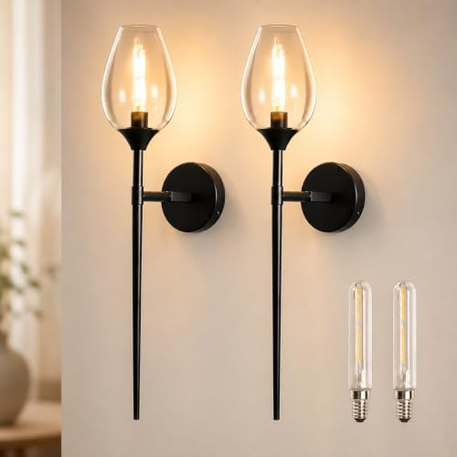 SERBASIC Black Glass Wall Light with Wine Shade 2Pack,Vintage Wall Sconce with E14 Bulb for Bathroom Bedroom Living Room Hallway