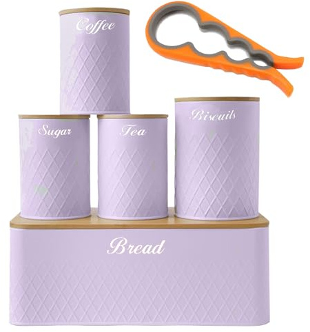ATEK Kitchen Storage Canister Set, 5 Piece Airtight Bamboo Lid Food Jars (Purple)