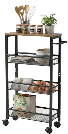 Relaxdays Nischenwagen, HxBxT: 77x13x45 cm, schmales Nischenregal Bad & Küche, 4 Ebenen, Rollregal Metall, braun/schwarz