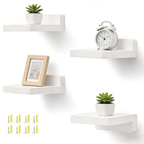 MINGBOLIN 4 Estantes Flotantes de Pared en Madera, Blancos, 12,7 cm | 12,7 × 12,7 × 4 cm, fijación discreta para plantas, fotos y objetos pequeños en salón, dormitorio, cocina o baño