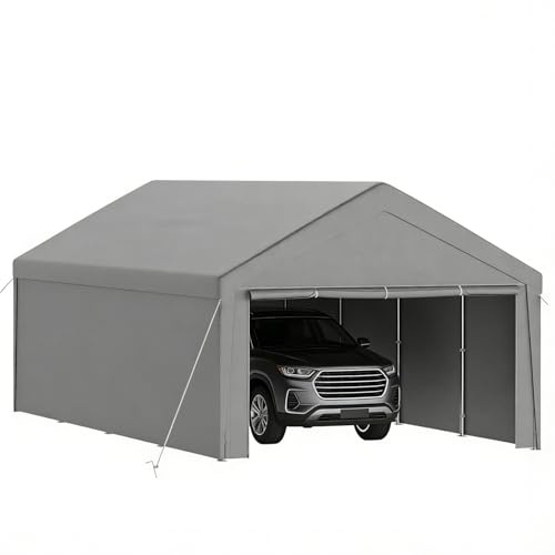 Ferzone Tente de Garage 4x8m, Carport Abri Voiture avec Bâche PE & Porte Enroulable, Tente de Stockage Pliant Exterieur avec Parois Latérales Amovibles pour Moto Outils SUV Camion Bateau, Gris