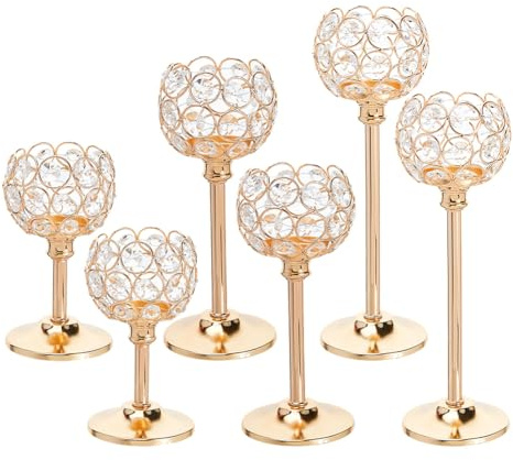 DICOSMETIC 6 Stück 3 Stile Kristall Kerzenhalter Metall Teelichthalter Goldene Kerzenleuchter Mittelstücke Eisen Elegante Glitzer Schalen Kronleuchter Für Zuhause Party Hochzeitsdekoration