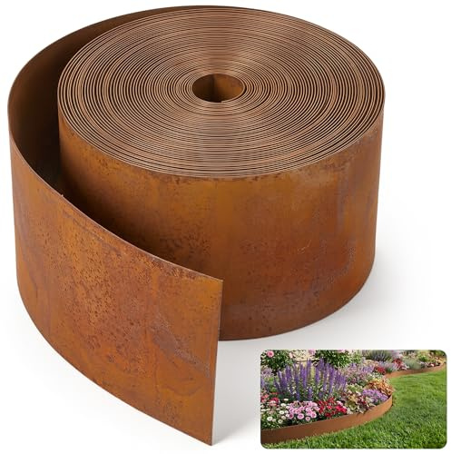 Warmiehomy Rasenkante, Cortenstahl Rasenkante 10m x 14cm hoch, Flexible Beeteinfassung aus Metall, Beetumrandung Gartenzaun, Wetterfestes Lawn Borde für Garten, Beet, Rasen