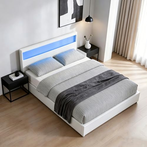 Senvoziii LED Bed Frame Ottoman Gas Lift Up Bed 4ft Small Double Size Faux Leather Storage Bed Frame, White (No Mattress)
