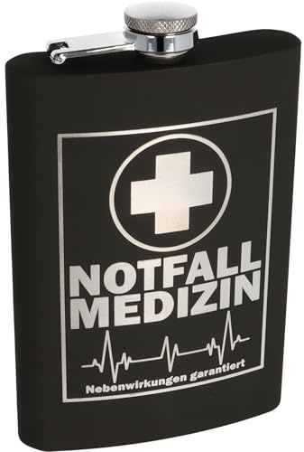Flachmann Edelstahl 266 ml (9 oz)–Soft Touch Silikonbeschichtung|Lasergravur dauerhaft|Auslaufsicher|Geschenk für Männer & Frauen|Outdoor|JGA|Wandern|Party (Notfallmedizin - dunkelgrau)