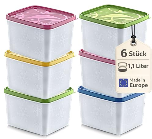 Annastore 6 x Tiefkühldosen - 1100 ml - Gefrierdosen zum Einfrieren - Frischhaltedosen stapelbar - Vorratsdosen zum Einfrieren und Auftauen - Mikrowellendosen - 1100 ml