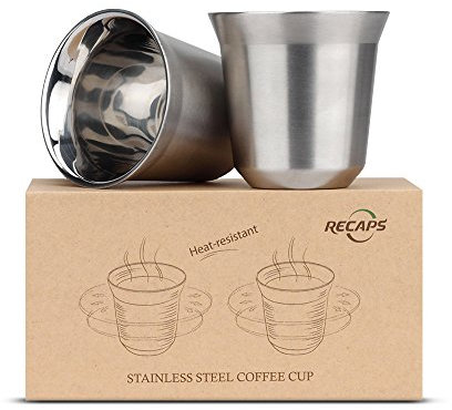80 ml Edelstahl-Espressotassen-Set - 2er-Pack Doppelwandige 304-Edelstahl-Demitasse-Becher 2,7 Unzen von RECAPS