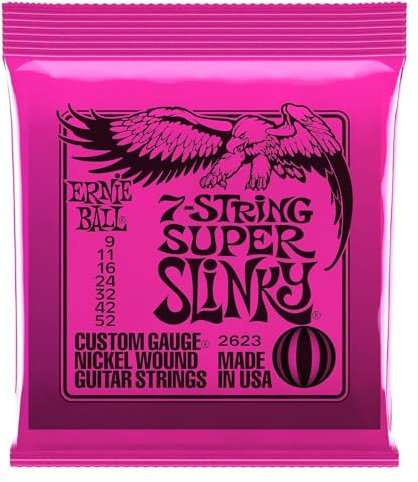 Ernie Ball Super Slinky - Cuerdas para guitarra eléctrica de 7 cuerdas, entorchado de níquel, calibre 9-52