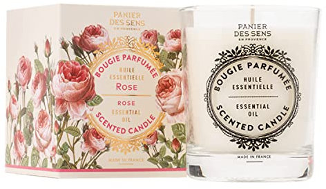 Panier des Sens - Rosenkerze - Duftkerzen für die Wohnung - Kerze mit parfüm Öl - Aromatherapie Kerzen zur Entspannung - Langlebig & 100% natürliche Baumwolle Docht - Vegan – 180g