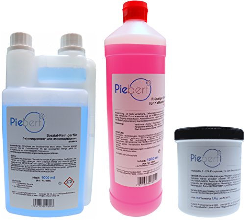 1l Milchschaumreiniger + 1l Flüssigentkalker + 150 Reinigungstabletten | Pflegeset für Kaffeevollautomaten u. Siebträger | Piebert® Qualität Made in Germany
