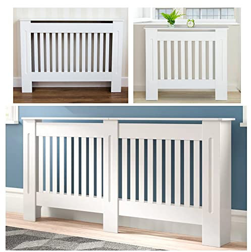 Radiator Cover, Premium MDF Materials, Durable & Eco-friendly, Upgrade Heat Evenly System, Freestanding Frame, Traditional Vertical Bars Design(White, H 82 x W 152 x D 19 Cm)