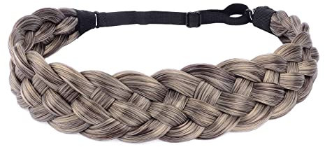BOBIYA 5 Strang Synthetische Haar Geflochtenes Stirnband Klassische Chunky Wide Geflochtene Zöpfe Elastische Stretch Haarteil für Frauen Mädchen (grau-braun)
