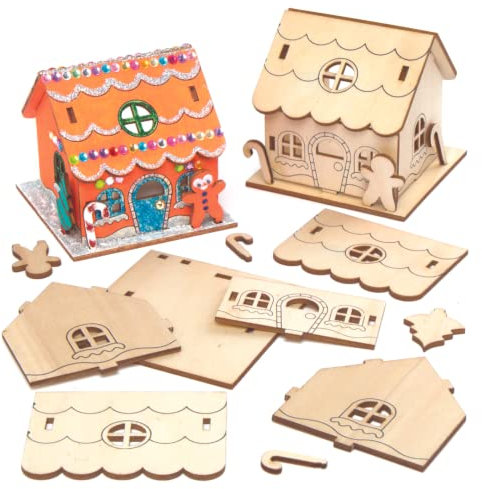 Baker Ross AX364 Lebkuchenhaus Teelichthalter aus Holz - 3 Stück, Festliche Kreativsets und Bastelbedarf zum Basteln und Dekorieren zur Weihnachtszeit