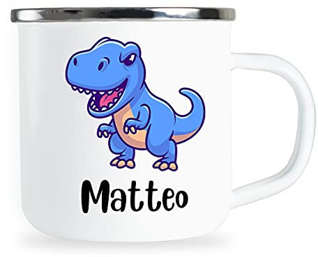 Personalisierte Kindertasse mit Name und lustigem Dinosaurier Motiv Emaille Tasse individuelle Geschenke Kind Geburtstag Geschenkidee für Kinder Mädchen Junge Metallbecher Emailletasse