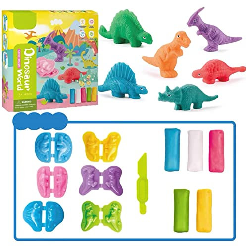 Jaeespon Dough Tools Play Sets for Kid, Dinosaur World Kit Creations with 5 Color Doughs 1 Plastic Knife and 6 Shape Animal, Best Art Toys Gift for Age 3+