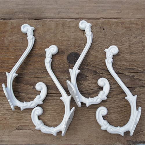 Jones & Grey A Set of 4 - White Ornate French Vintage Style Cast Iron Wall Coat Hooks