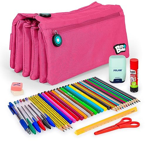 ColePack - Set aus Vierfach-Schulmappe mit 4 Reißverschlüssen und Schulbedarf der Top-Marken Enthalten (Fuchsie)