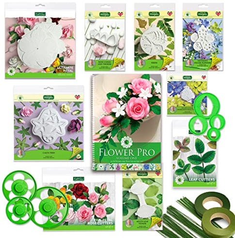 Flower Pro Cake Decorating Beginners' Kit (by Katy Sue) - Includes Four Moulds, 48-Page Instructional Guide, Three Veiners, Rose Cutters, Leaf Cutters, Florists' Wires & Tapes
