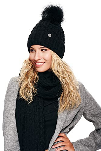 ELIMELI Mütze und Schal Set Damen Winter - Warme Strickmütze Mit Bommel, Winterset Strick Beanie für Winter (Schwarz - Set Mit Schal)