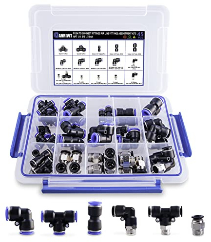 Kit de 45 Raccords Pneumatiques, Connecteurs Tuyau d'Air, Filetage NPT Push to Connect, Raccords en Nylon 1/4'', 3/8'', 1/8'', 1/2'', ANRIWT