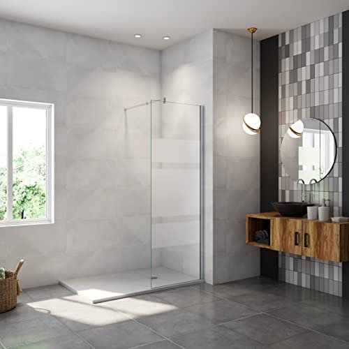 AICA paroi de douche à l'italienne 80x190cm en 6mm verre avec bandes horizontales sérigraphiées, livré avec barre de fixation extensible 70-120cm en cylindrique
