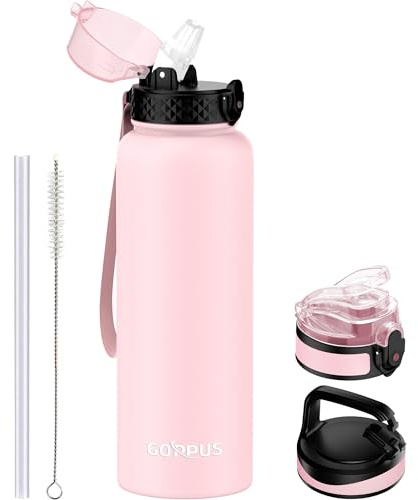 GOPPUS 1.2L/40oz Stainless Water Bottle with Straw Double Wall Insulated Bottles with Strap Large Vacuum Thermal Flask Leakproof Keep Cold Drinks Bottles with Flip Top Lid for Men Women BPA Free