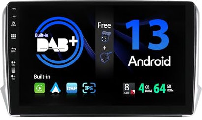 SXAUTO [Built-in DAB] Android 14 IPS Autoradio Per Peugeot 208/2008 (2012-2018) - Senza fili CarPlay/Android Auto - 4G+64G - LED Camera + MIC - Fast-boot Volante 360-CAM WIFI - 2 Din 10.1 Pollici